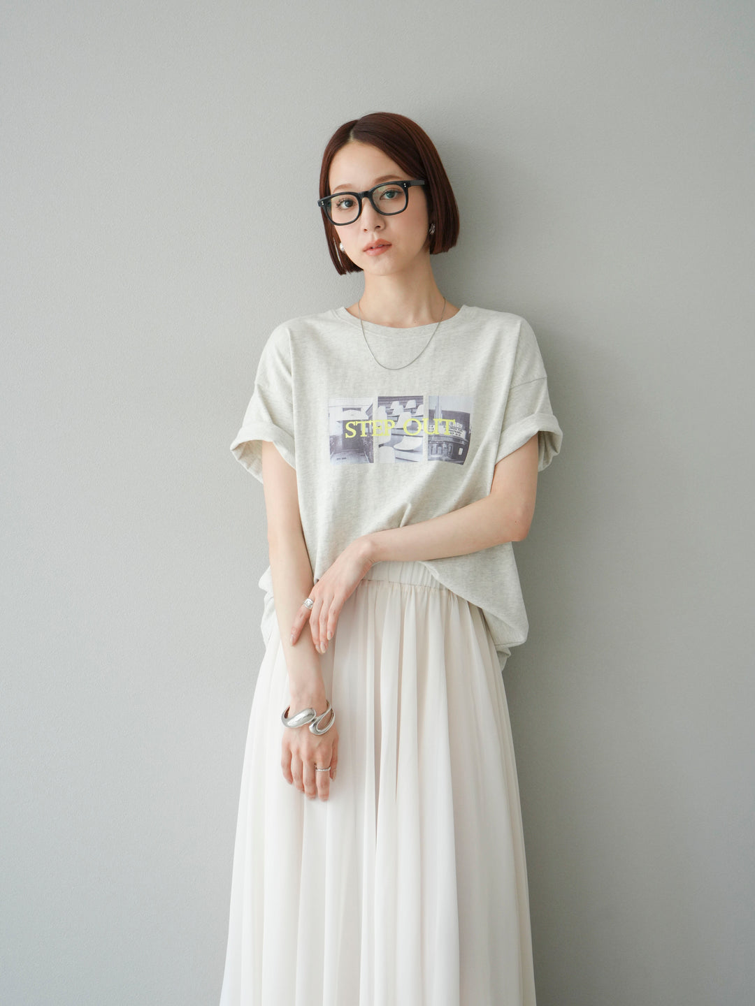 [SET]ネオンロゴコラージュフォトプリントオーバーTシャツ+シフォンフレアスカート(2set)