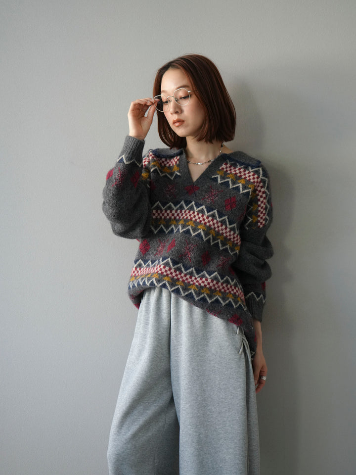 [予約]ノルディック柄ポロニットプルオーバー/チャコール