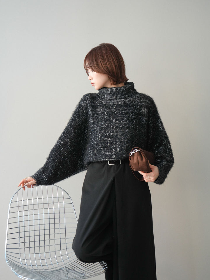 [予約]オフタートルケーブル編みニットプルオーバー/black