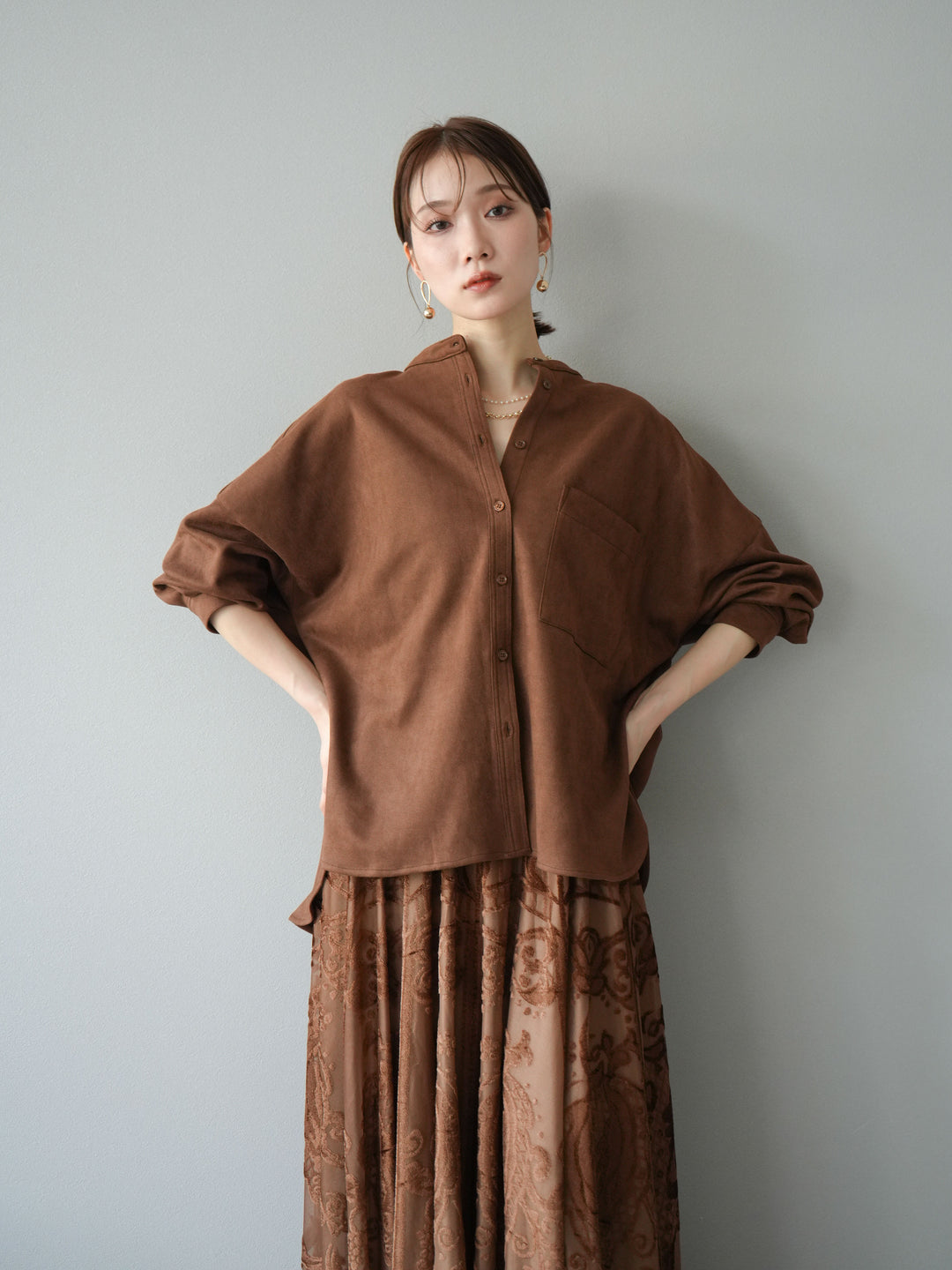 [予約]スエードバンドカラーオーバーシャツ/ブラウン