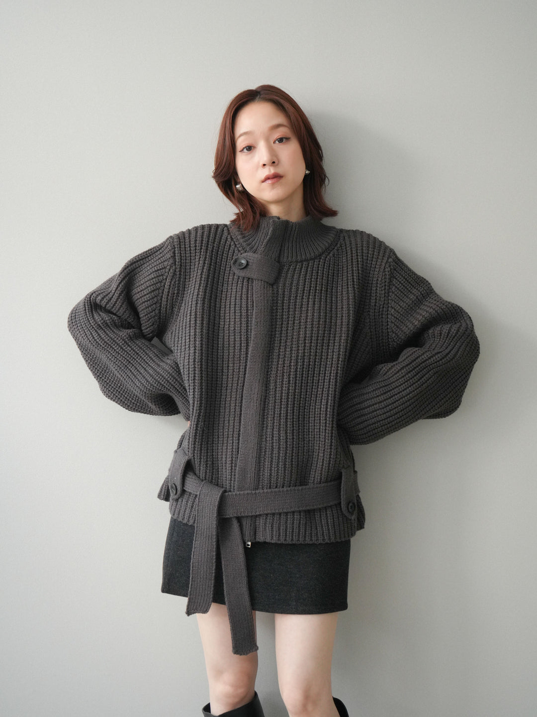 [SET]畦編みボトルネックZIPニットカーディガン+ウールタッチベルト付ミニスカート(2set)