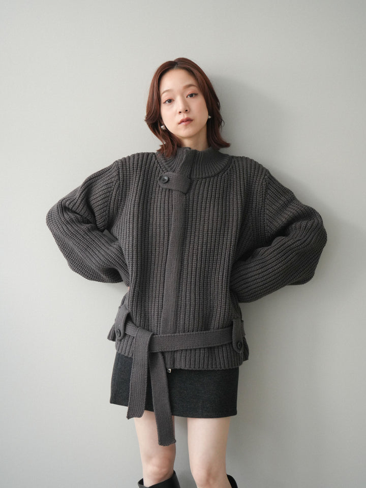 [SET]畦編みボトルネックZIPニットカーディガン+ウールタッチベルト付ミニスカート(2set)