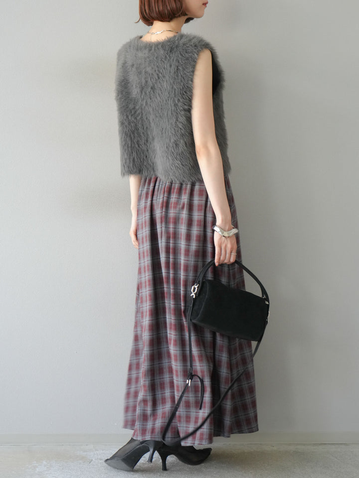 [予約]チェックタックフレアロングスカート/ ボルドー
