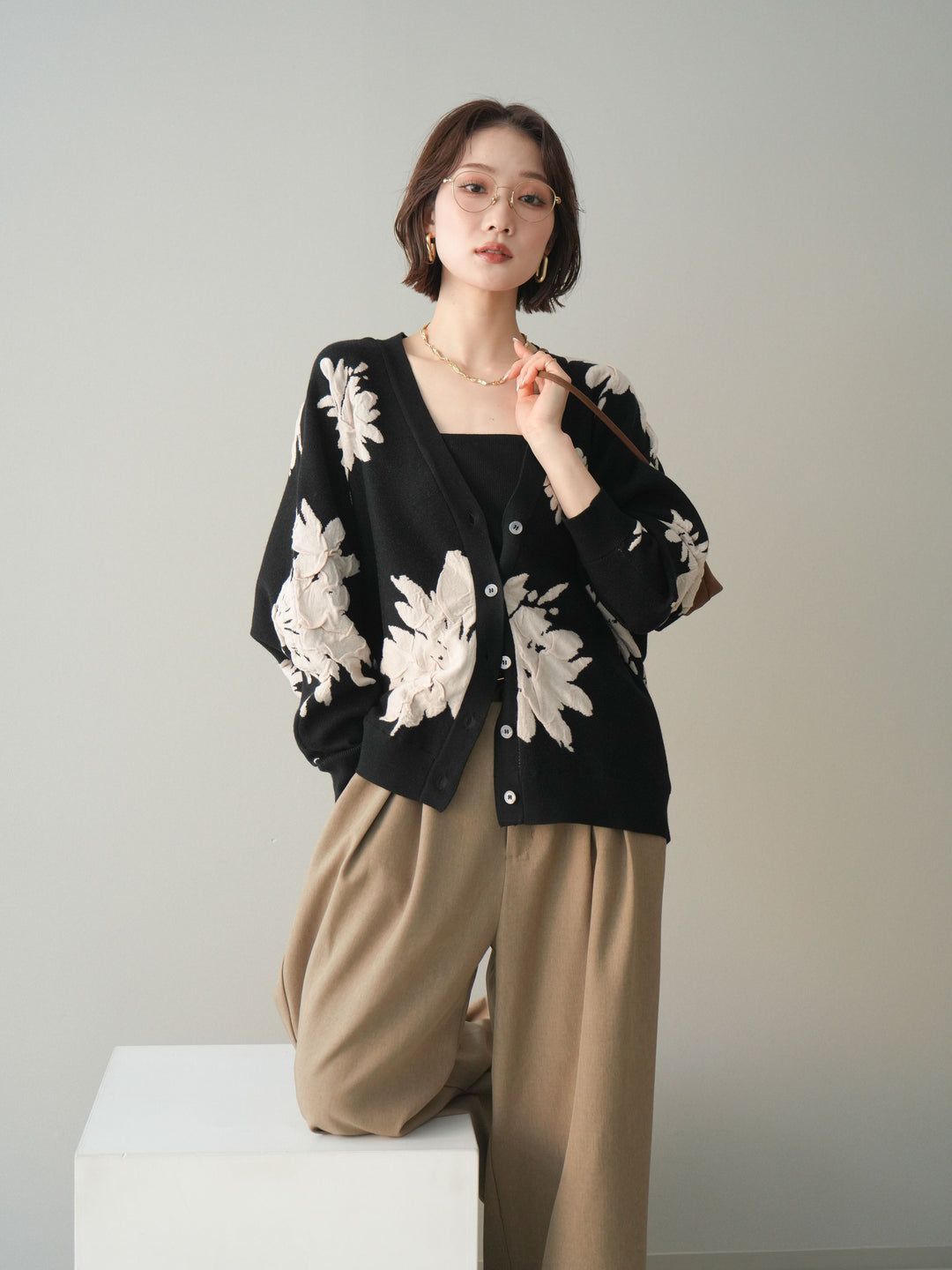 [SET]フラワージャガードニットカーディガン+フラワージャガードニットカーディガン(2set)