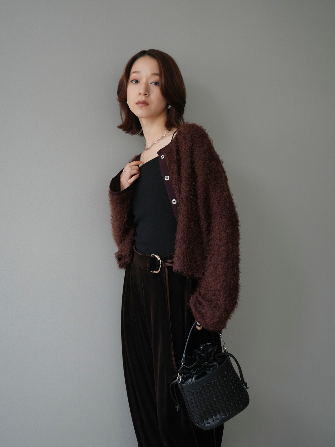 [予約]バイカラー2WAYシャギーニットカーディガン/brown