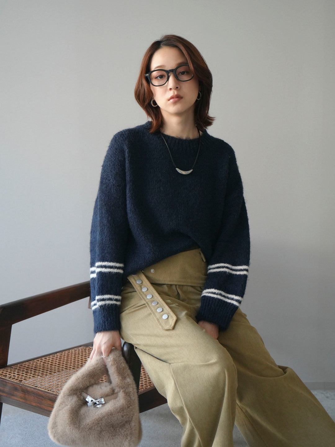 [SET]クルーネックラインボーダーニットプルオーバー+選べるアクセセット(2set)