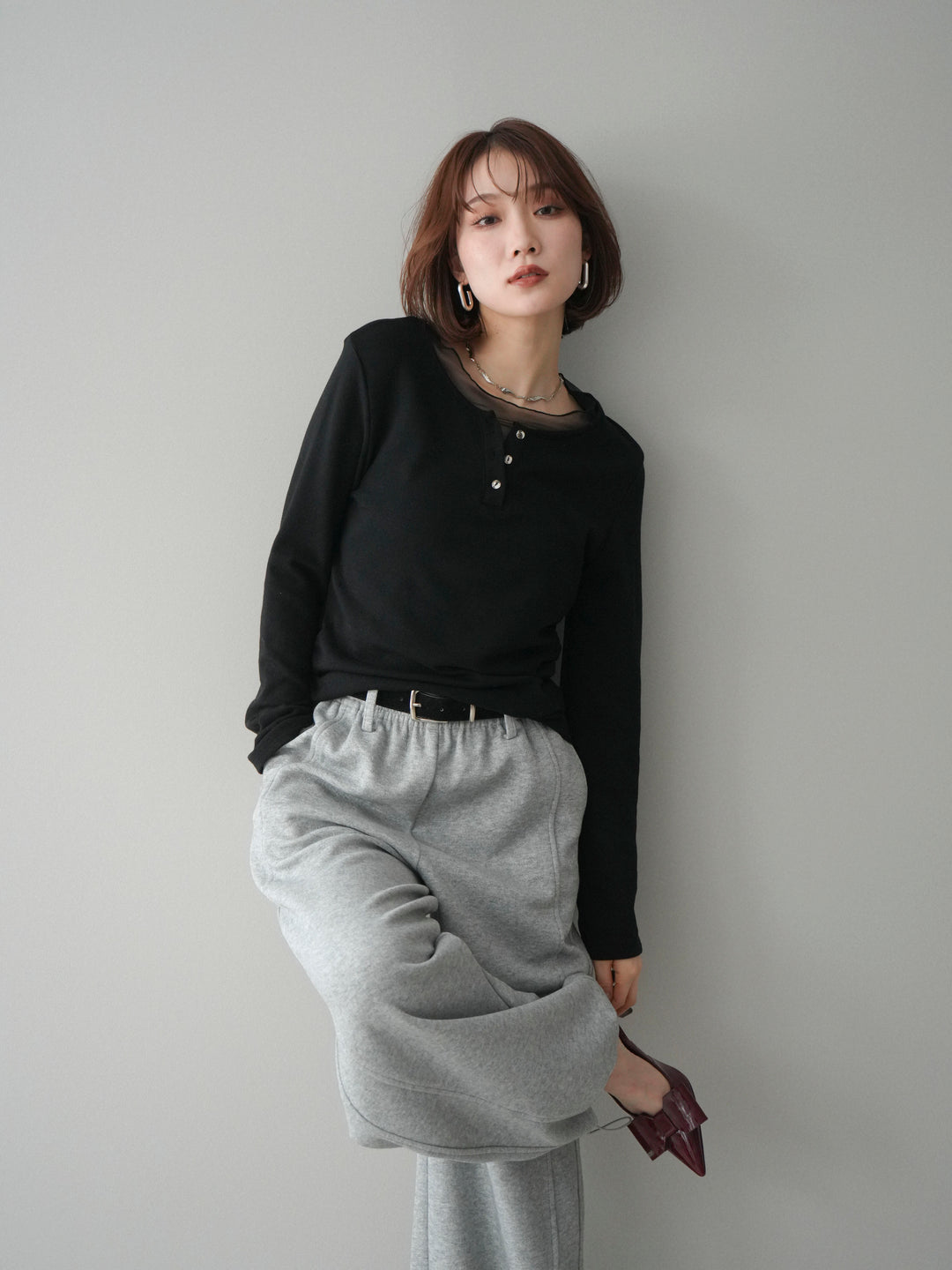 [予約]チュールレイヤードヘンリーネックカットソー/black