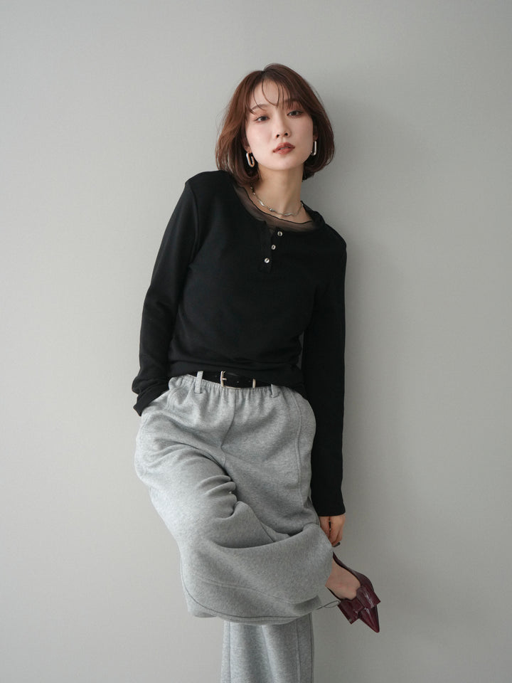 [予約]チュールレイヤードヘンリーネックカットソー/black