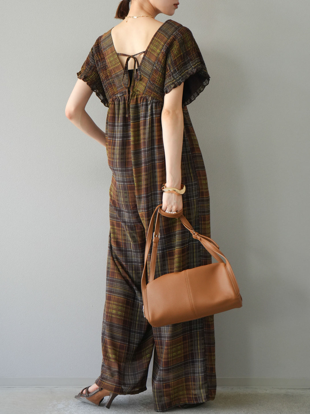 [予約]シアーチェックシャーリングサロペット/ブラウン