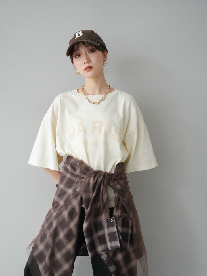 [SET]ピグメントロゴプリントTシャツ+2WAYデザインスウェットパンツ+チュールドッキングチェック柄オーバーサイズシャツ(3set)