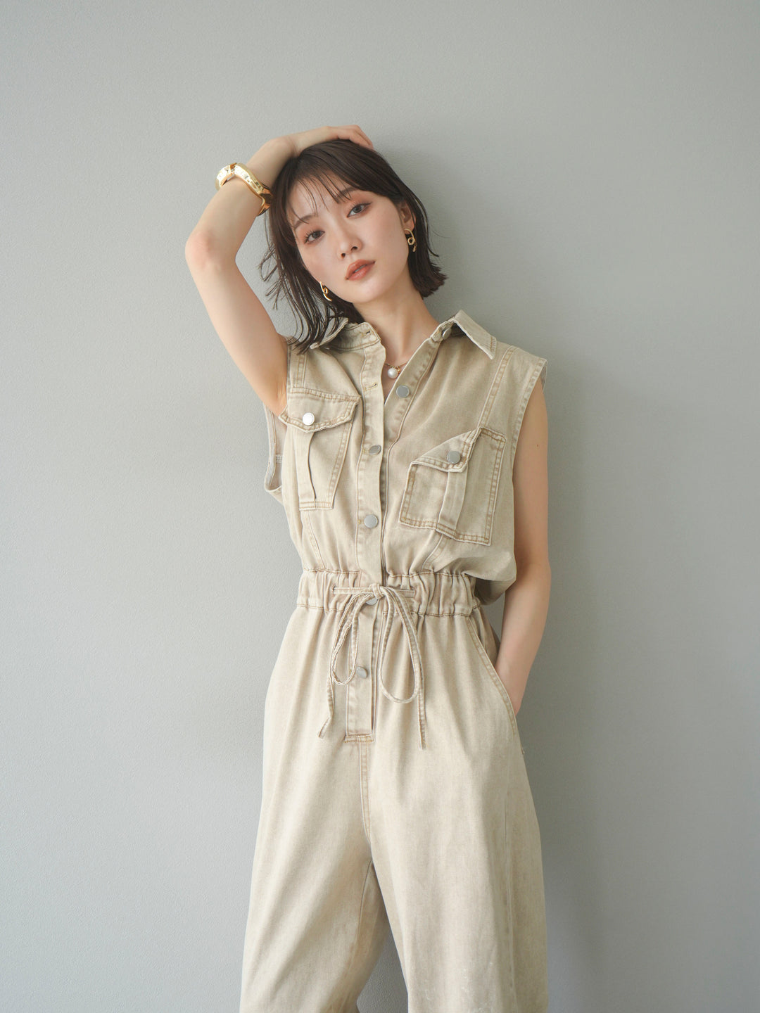 [予約]ポケットデザインデニムオールインワン/キャメル