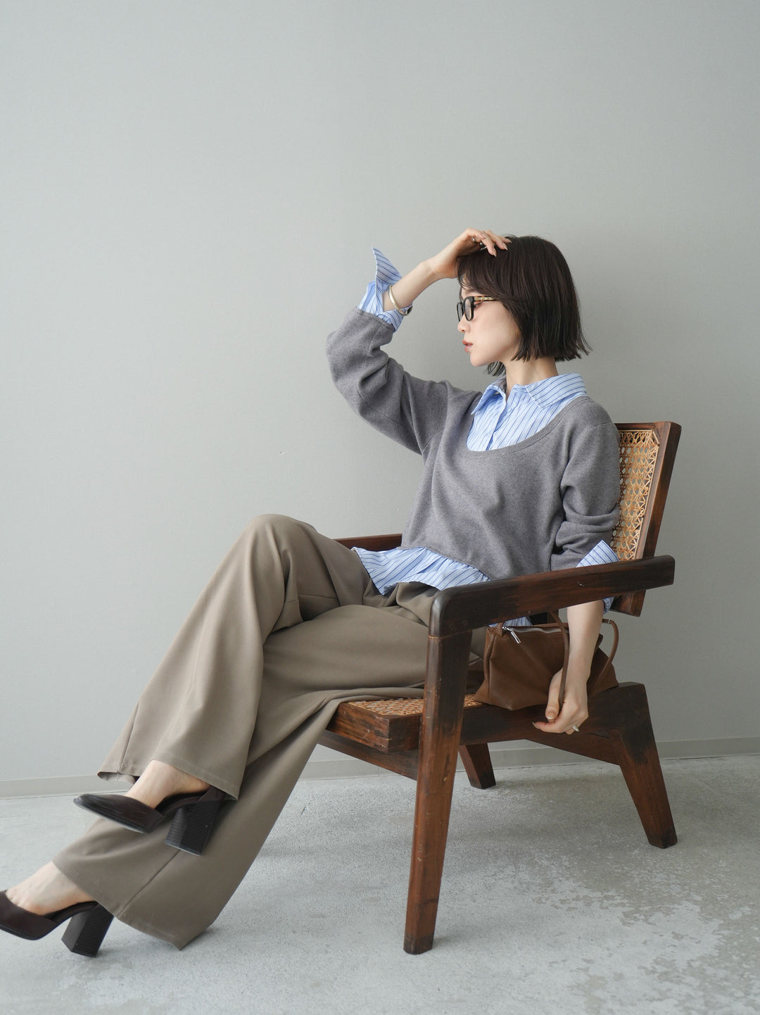 [SET]ストライプシャツUネックドッキングニットプルオーバー+ベルト付キーホルダーモチーフワイドパンツ(2set)