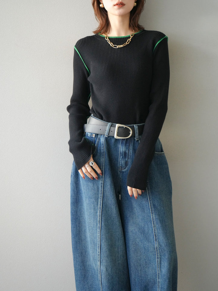 [SET]バイカラークルーネックリブニットトップス+選べるアクセセット(2set)