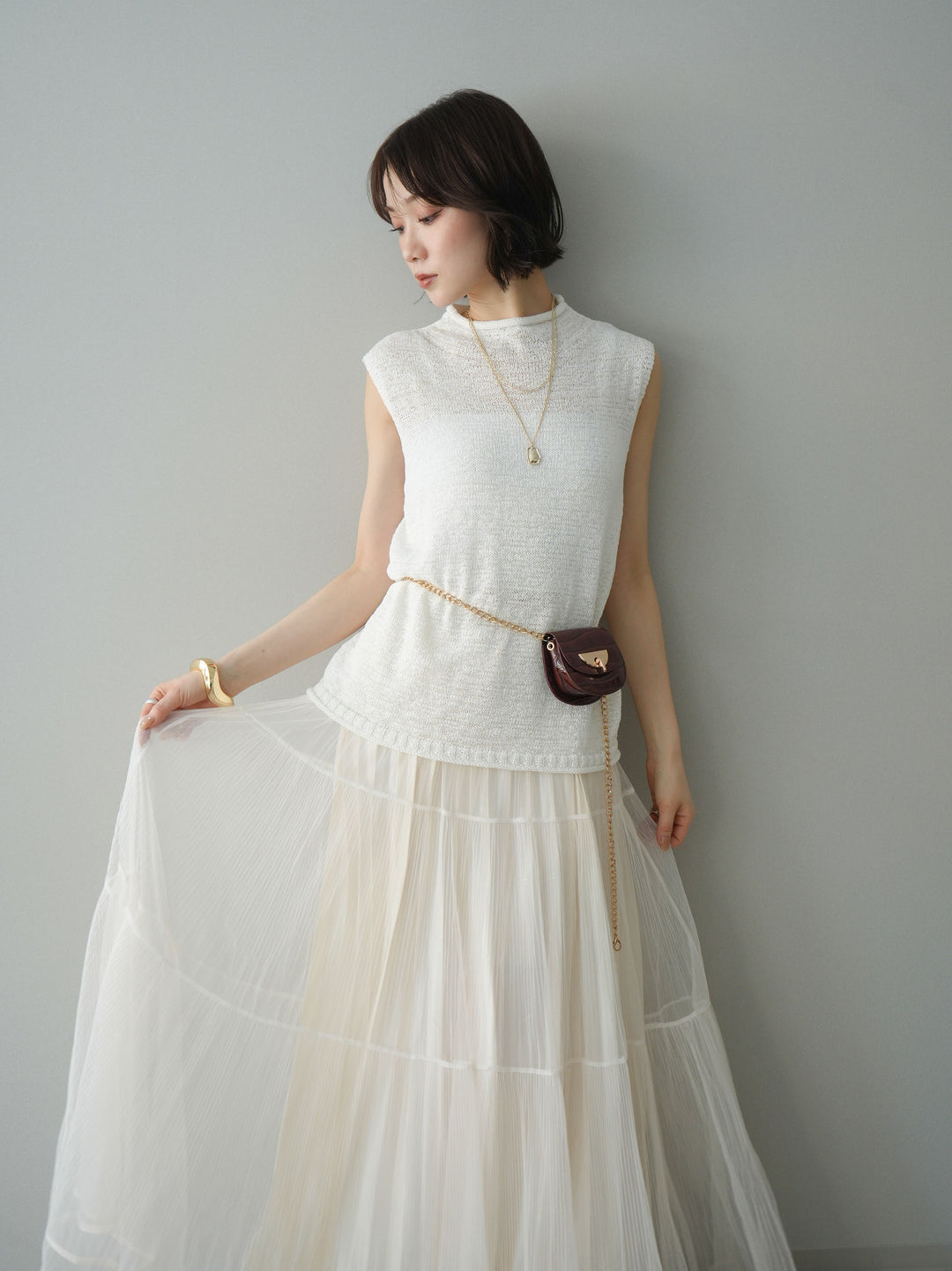 [予約]ノースリーブリネンタッチシアーニットプルオーバー/white