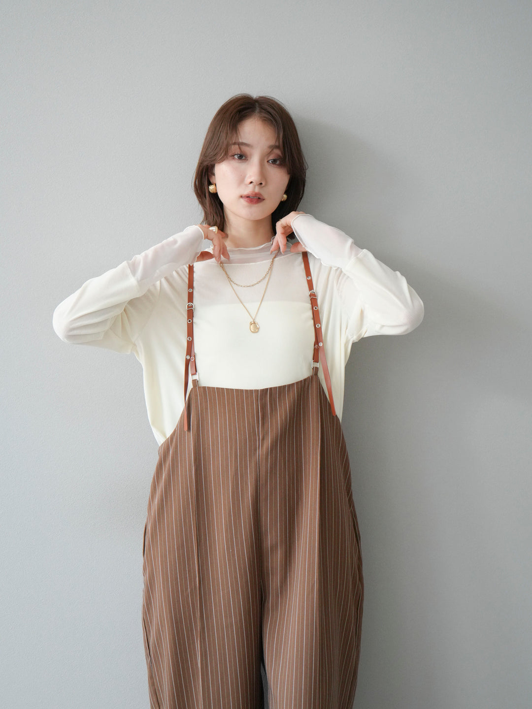 【着回しセット】[SET]ヘリンボーンストライプジレ+シアー切替ベロアトップス+ヘリンボーンストライプサロペット(3set)