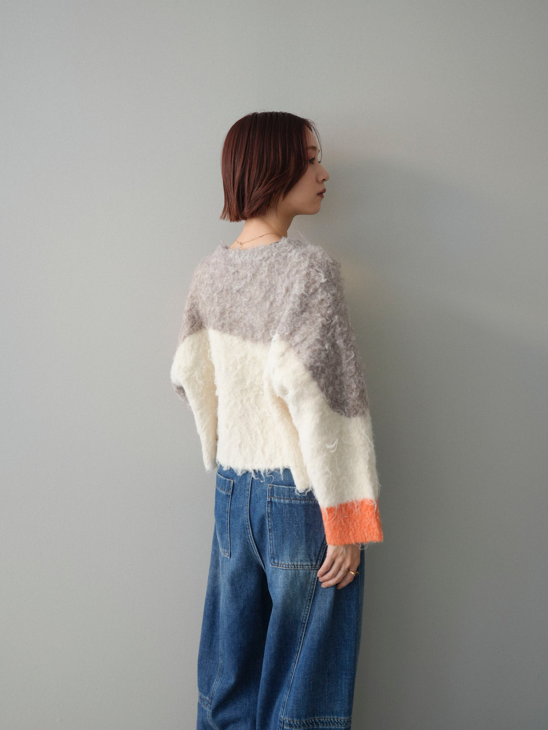 [SET]バイカラーモヘアタッチニットプルオーバー+裏起毛加工デニムカーブパンツ(2set)