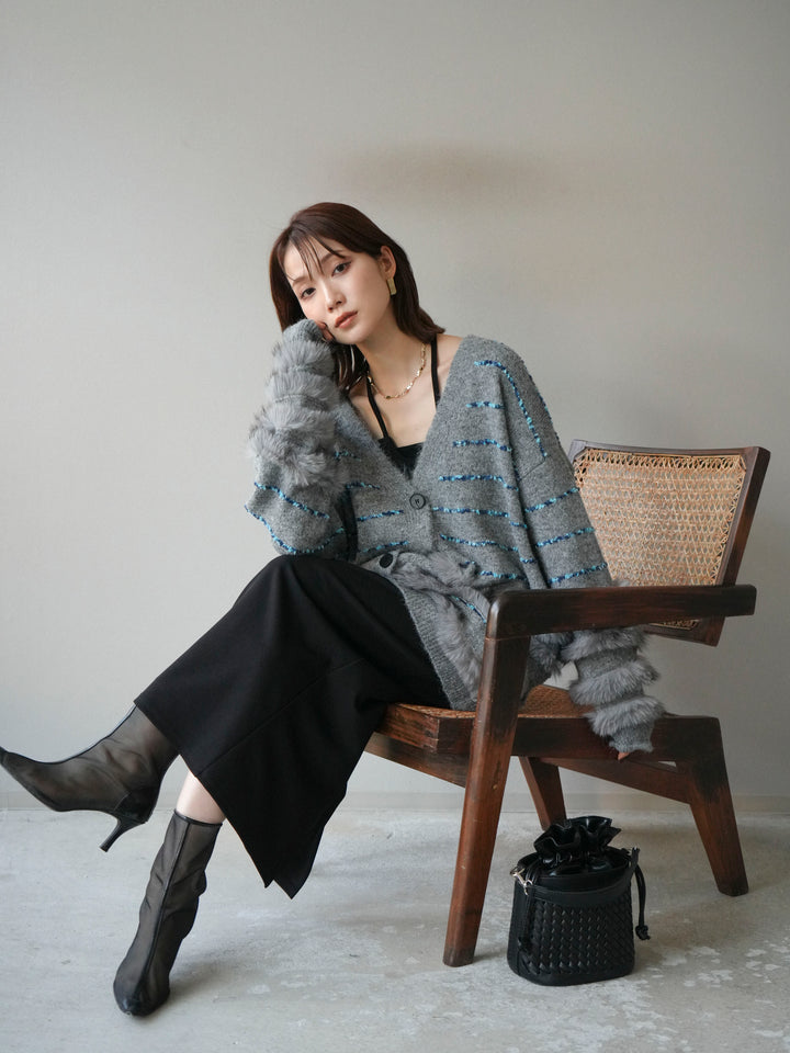 [予約]フェザーライン配色シャギーニットカーディガン/グレー