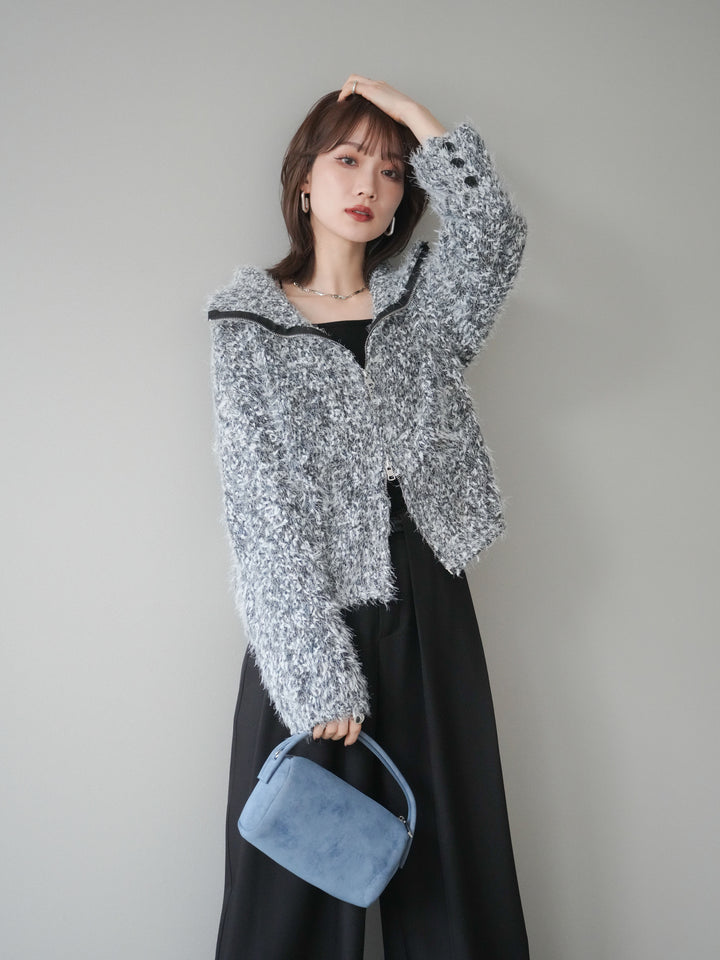 [予約]ミックスシャギージップニットカーディガン/black