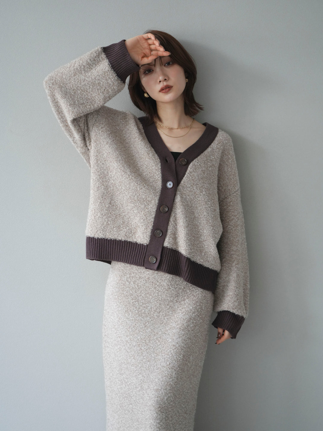 [予約]ブークレバイカラーニットカーディガン/beige