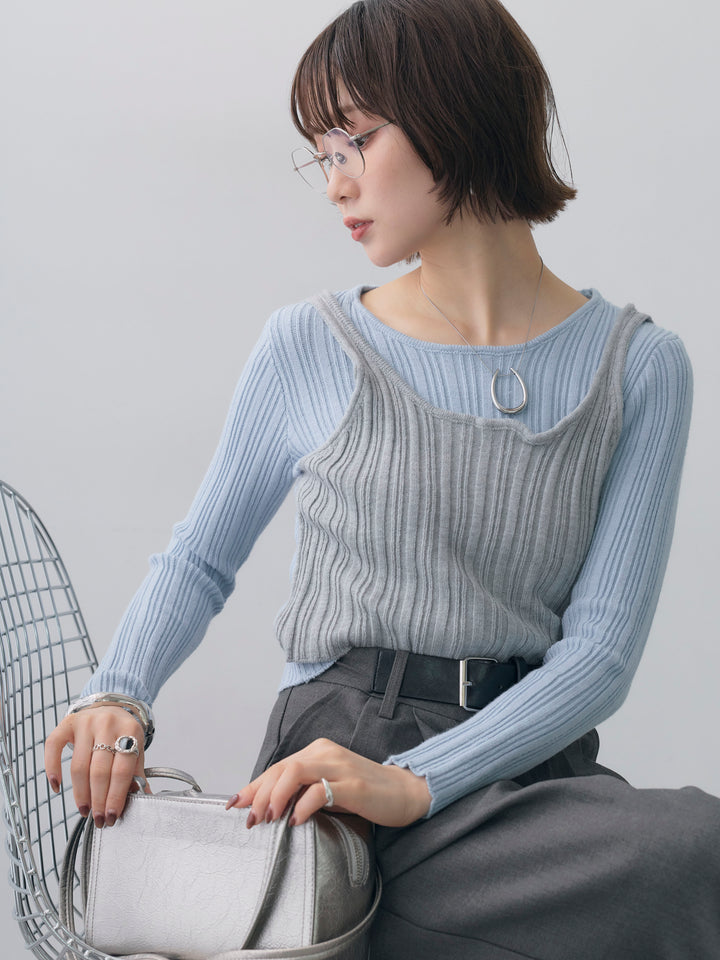 [予約]レイヤードデザインランダムリブニットトップス/blue