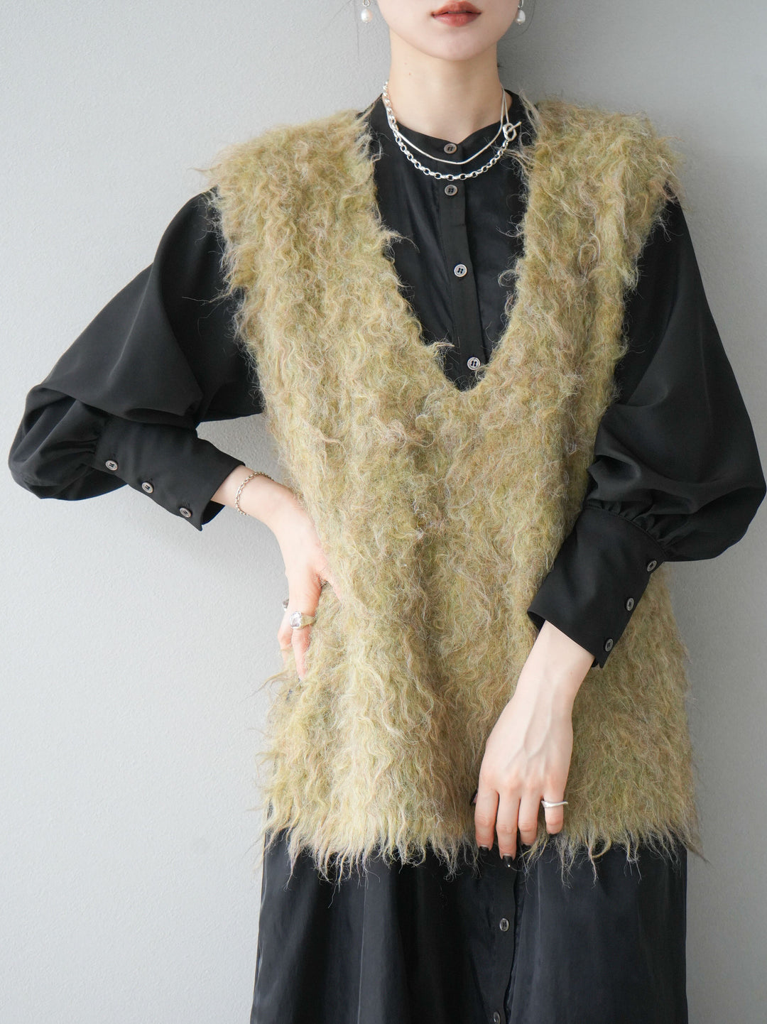 [予約]ウール混ミックスヤーンニットベスト/グリーン