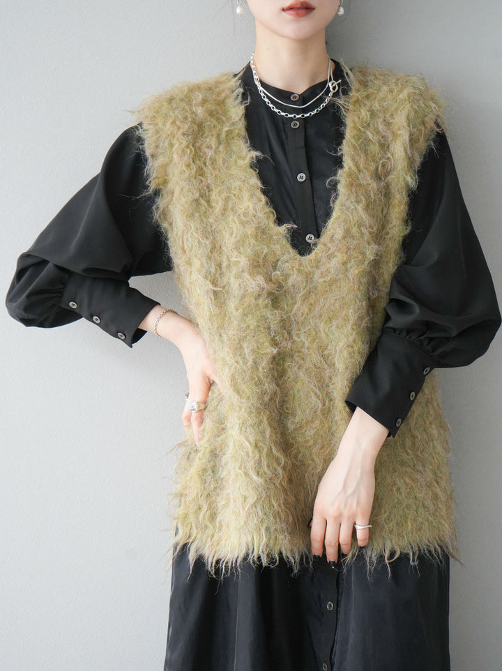 [予約]ウール混ミックスヤーンニットベスト/グリーン