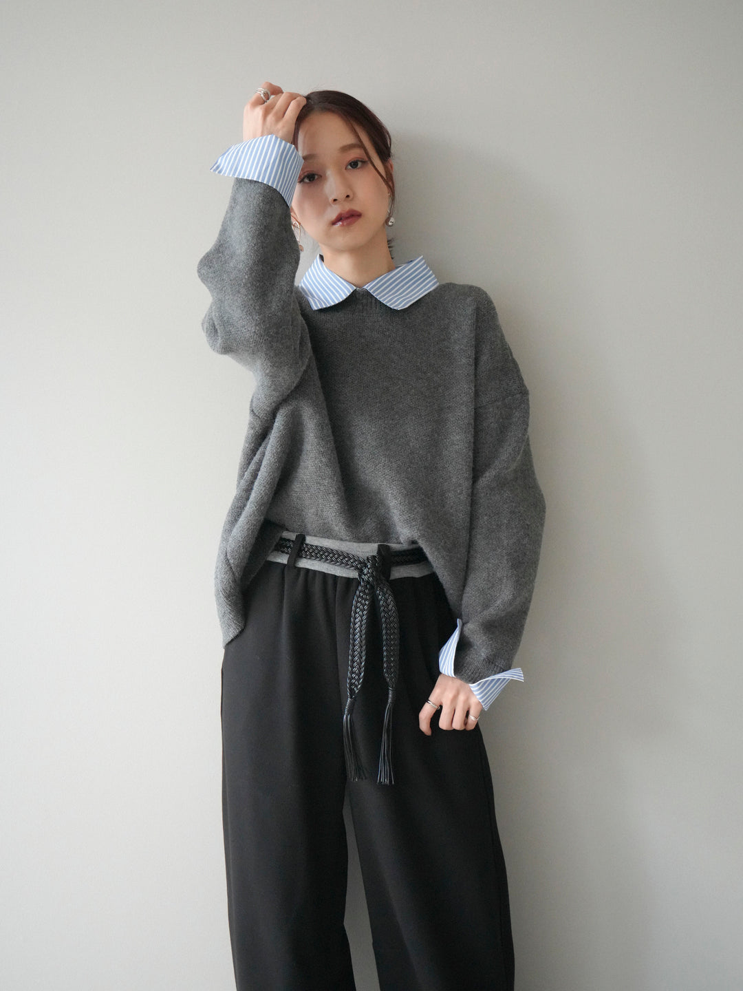 [予約]2WAYストライプ襟ニットプルオーバー/charcoal