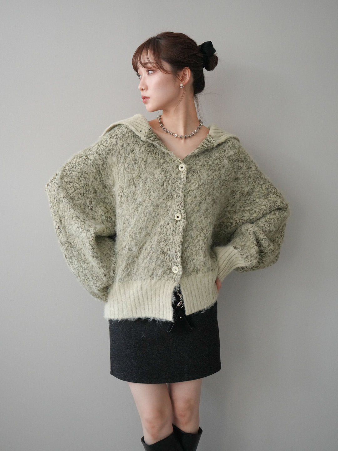 [予約]リブ切替メランジニットカーディガン/green
