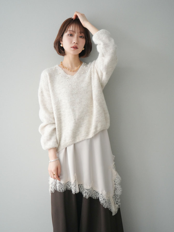 [SET]パール×ビジューVネックニットプルオーバー+アシンメトリーサテンレースキャミソール+テープベルトタックバギーパンツ(3set)