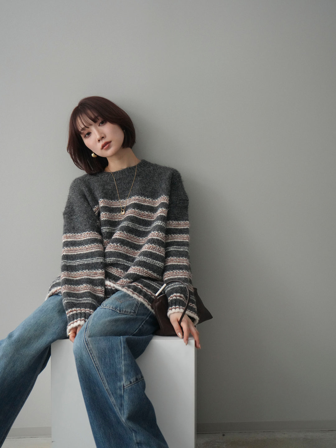 [SET]ステッチボーダーニットプルオーバー+ペインターカーブデニムパンツ(2set)