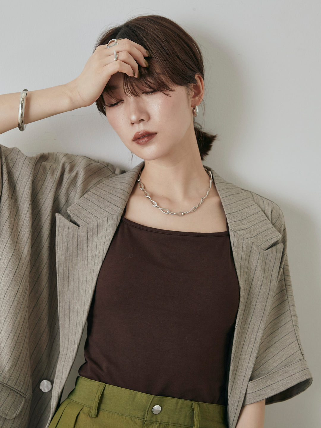 [予約]バックオーガンジーヘリンボーンストライプハーフジャケット/グレージュ