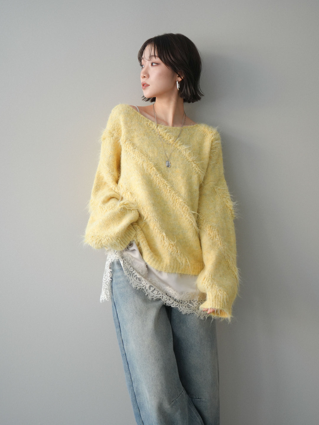 [予約]シャギーデザインニットプルオーバー/yellow