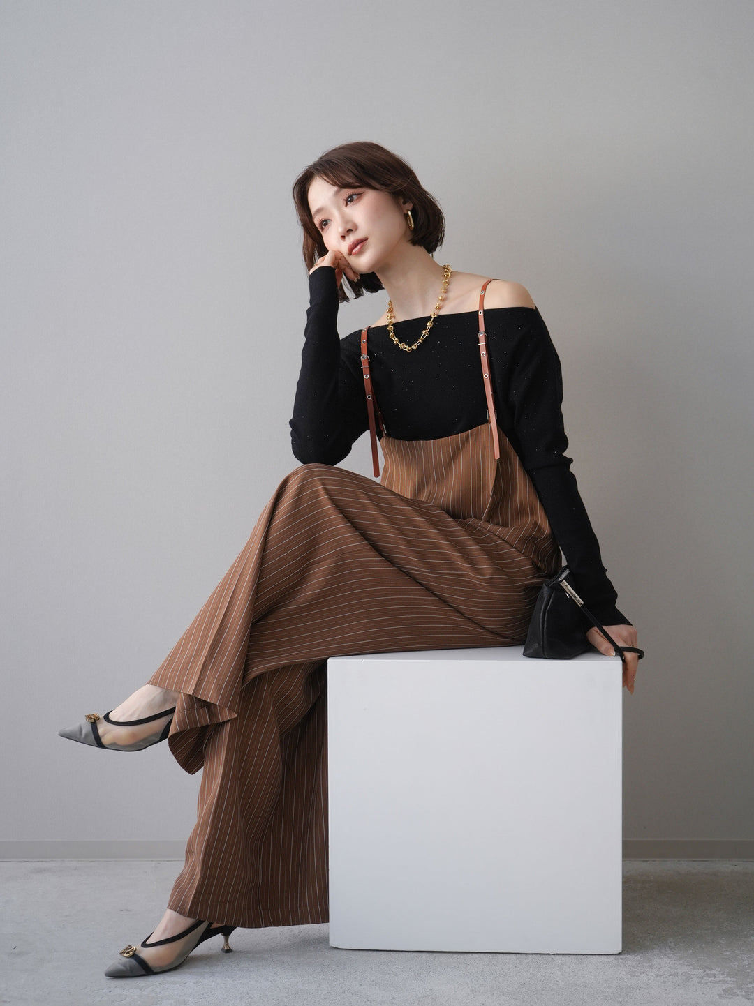 [予約]ヘリンボーンストライプサス付サロペット/goldbrown