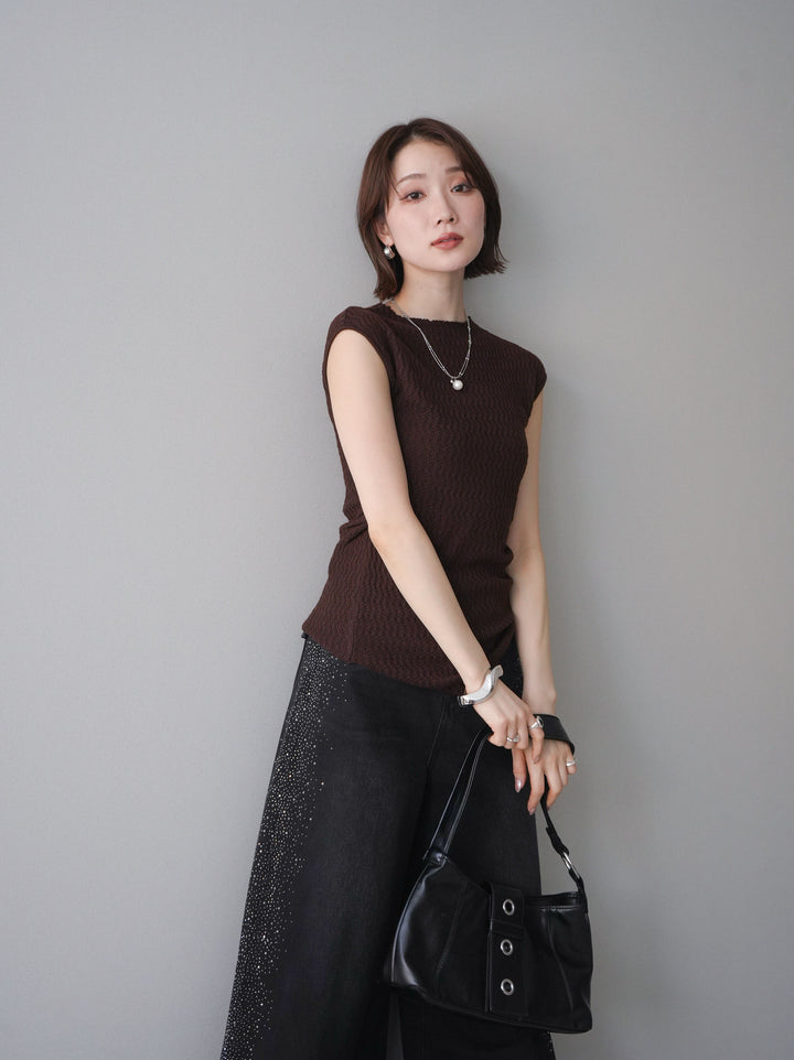 [予約]サイドシャーリングボトルネックノースリーブニットプルオーバー/brown