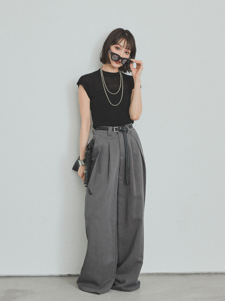 [SET] 法式袖透視針織上衣 + 亞麻觸感褶皺寬褲 (2set)