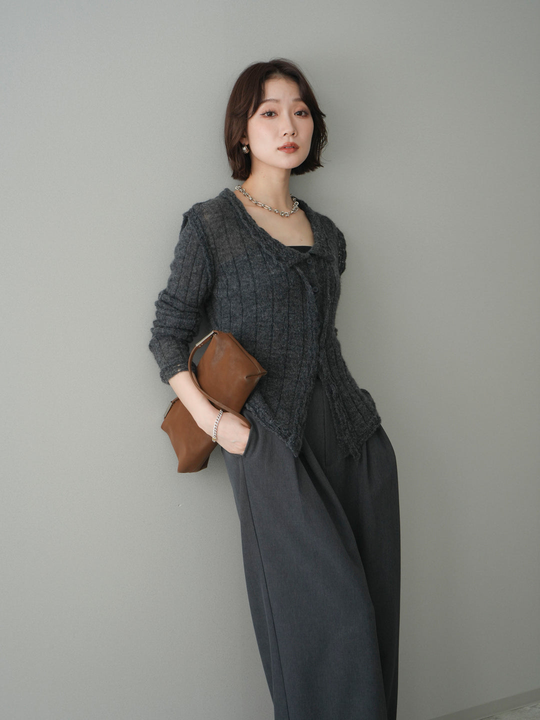 [予約]透かし襟モヘアタッチニットカーディガン/charcoal