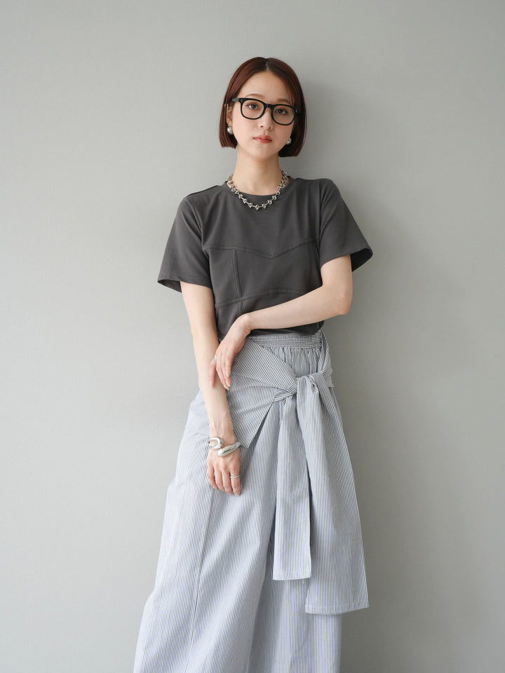 [SET]ビスチェデザインTシャツ+ウエスト巻きストライプイージーパンツ(2set)