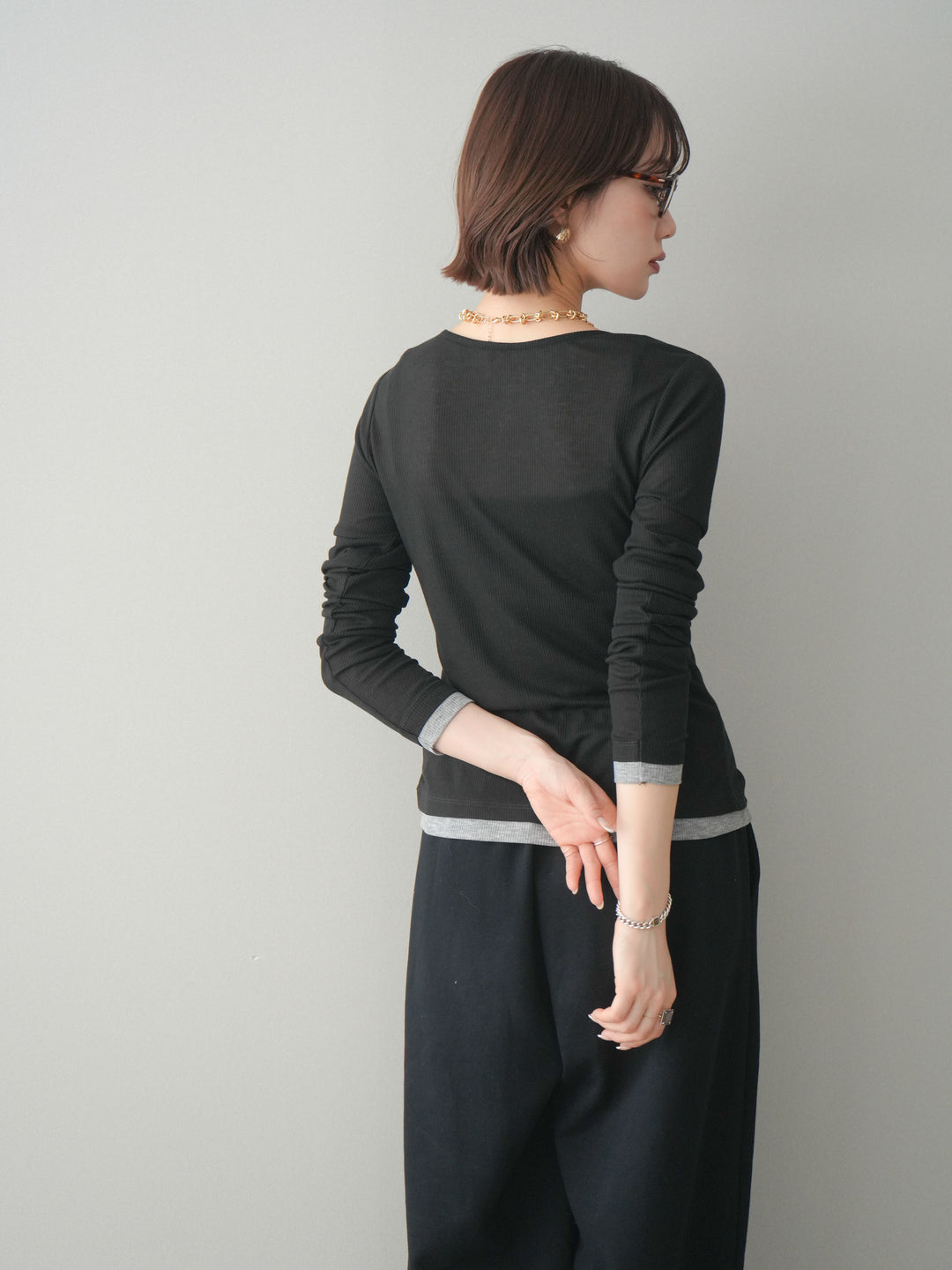 [予約]シアーリブバイカラーカーディガン/black