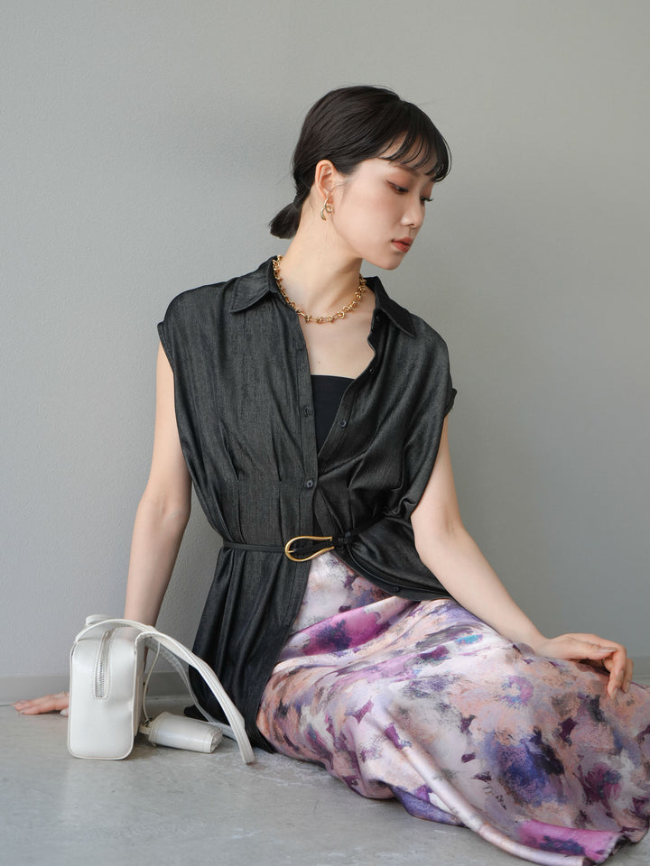 【預訂】天絲牛仔收腰無袖上衣/黑色