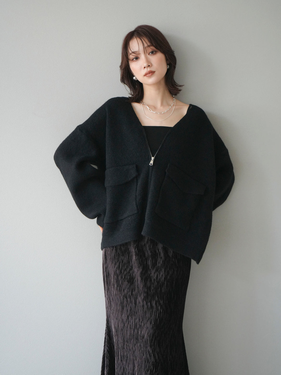 [予約]BIGポケットジップニットカーディガン/black