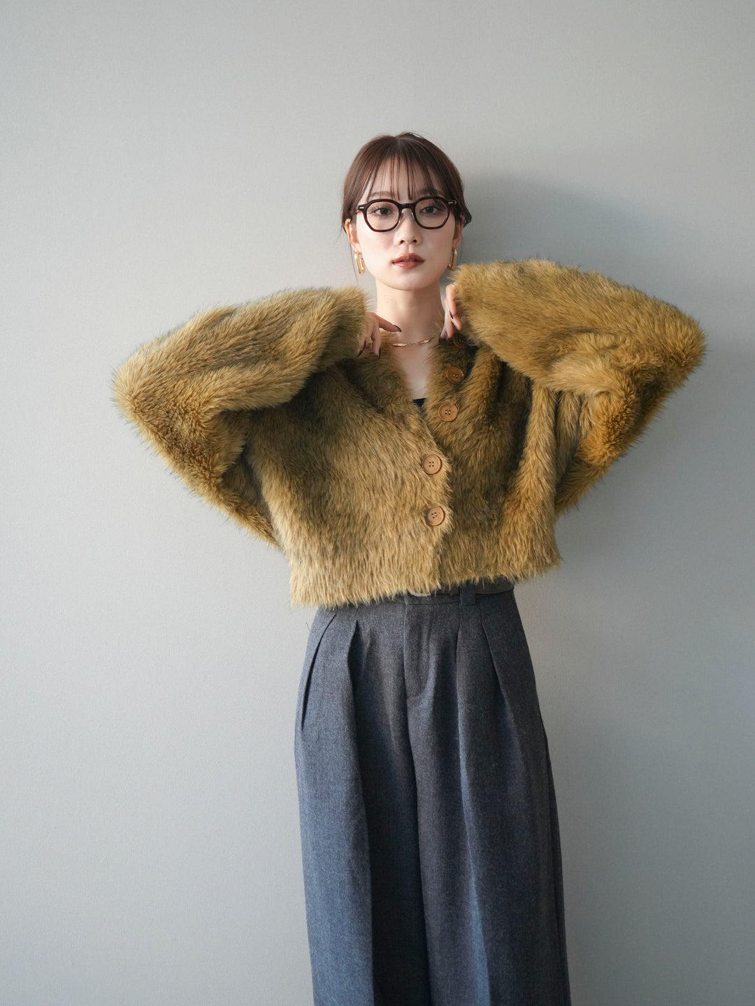 [予約]ミックスシャギーショートニットカーディガン/green