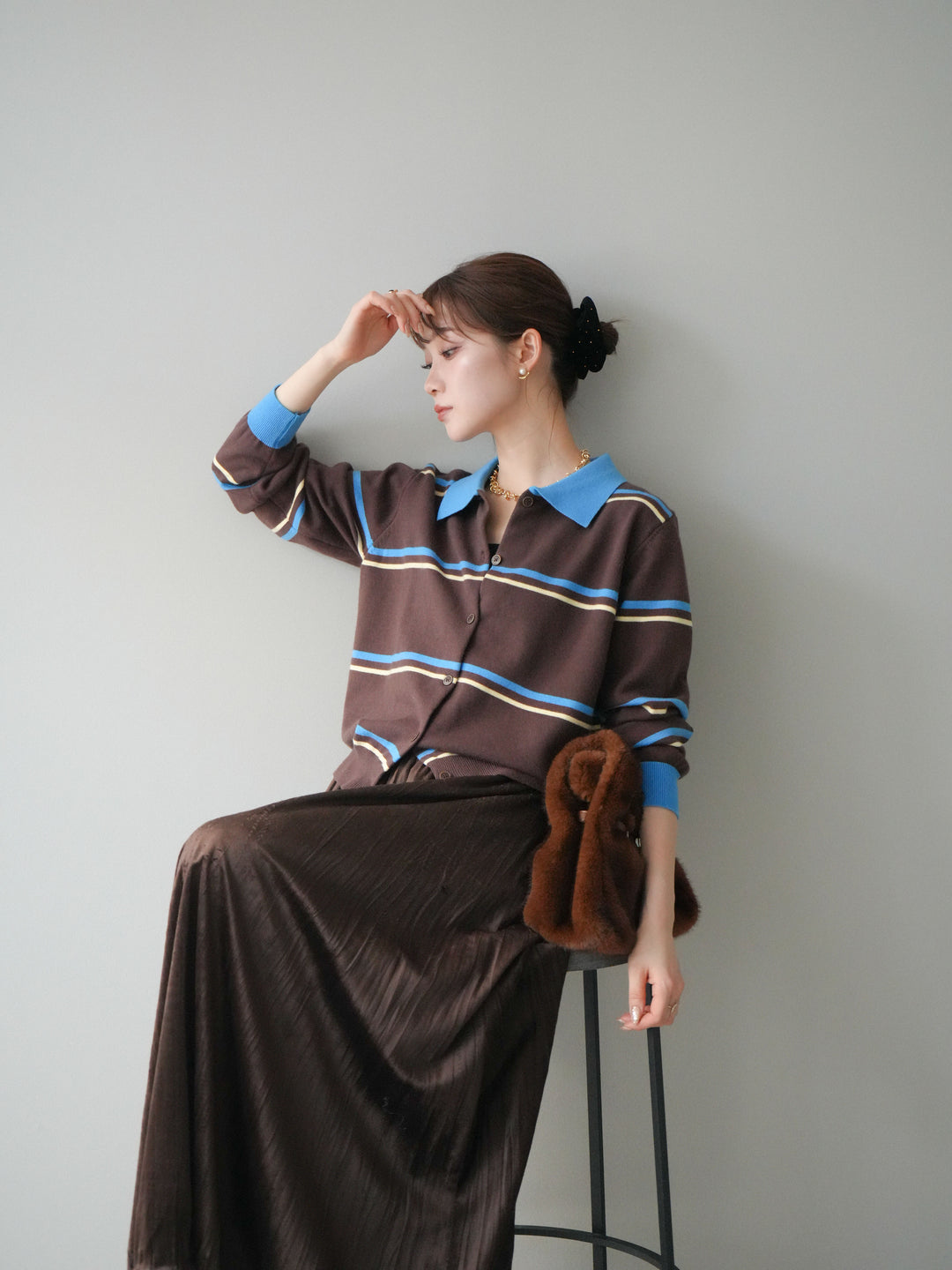 [予約]配色マルチボーダーポロニットカーディガン/brown