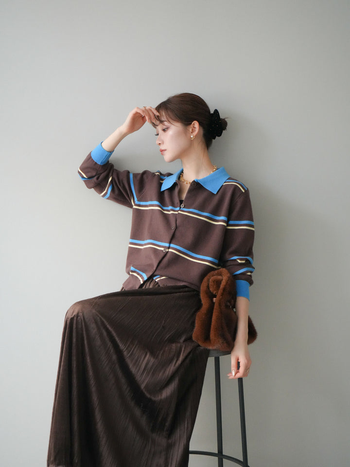 [予約]配色マルチボーダーポロニットカーディガン/brown