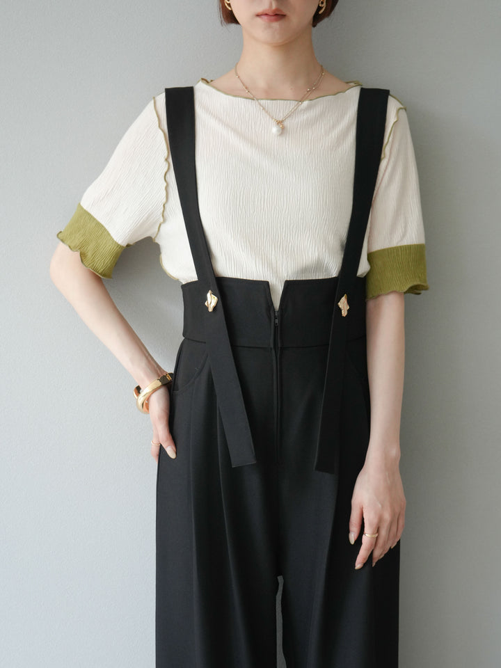 [SET]プリーツ配色ボートネックプルオーバー+ゴールドボタンサスペンダーワイドパンツ(2set)