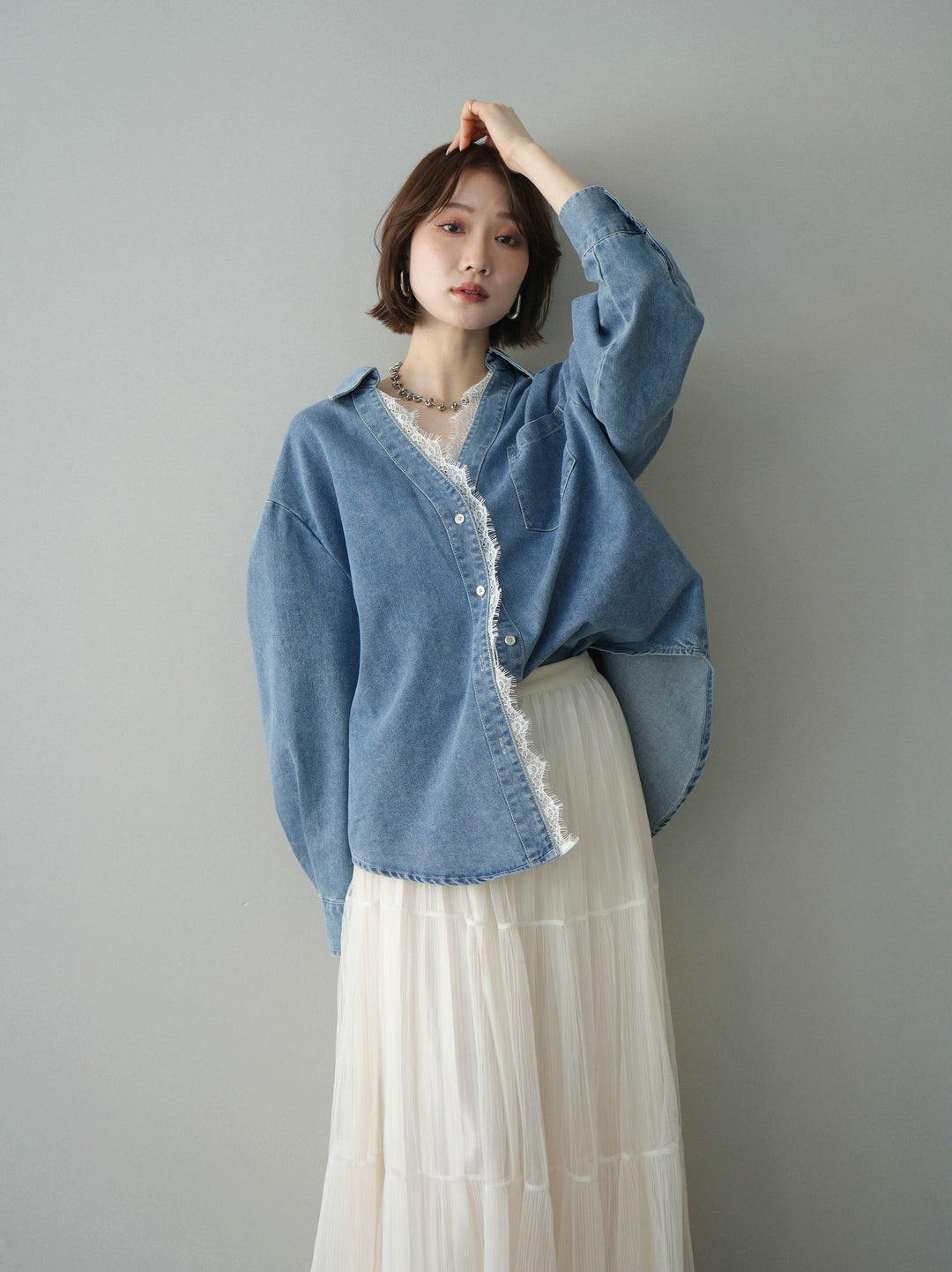 [SET]レースレイヤードデニム開襟シャツ+選べるアクセセット(2set)