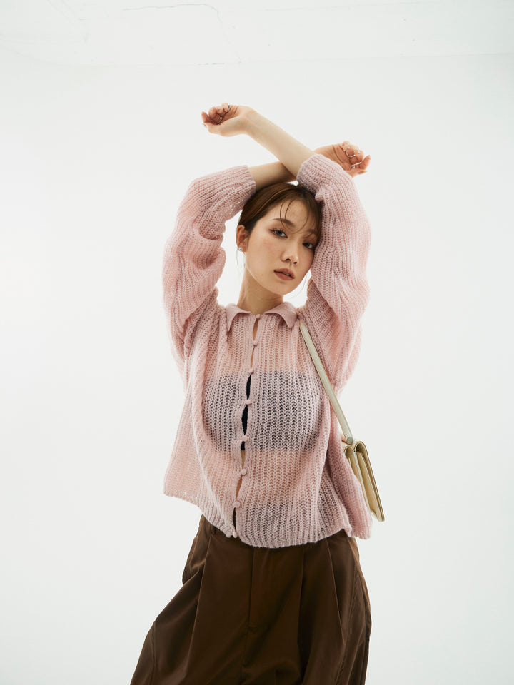 【Allure】[SET]起毛片畦編みシアーポロニット+タフタワイドカーブパンツ(2set)