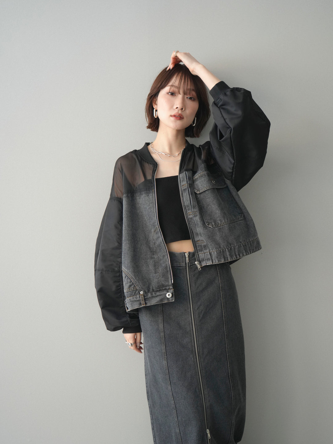 [SET]異素材デニムブルゾン+フロントジップデニムスカート(2set)