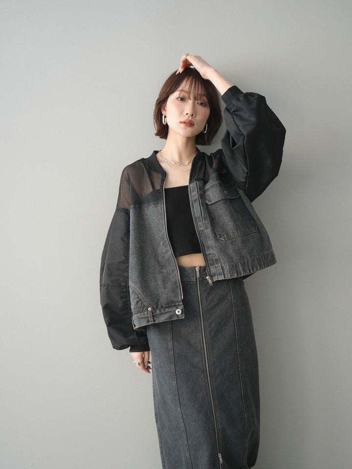 [SET]異素材デニムブルゾン+フロントジップデニムスカート(2set)