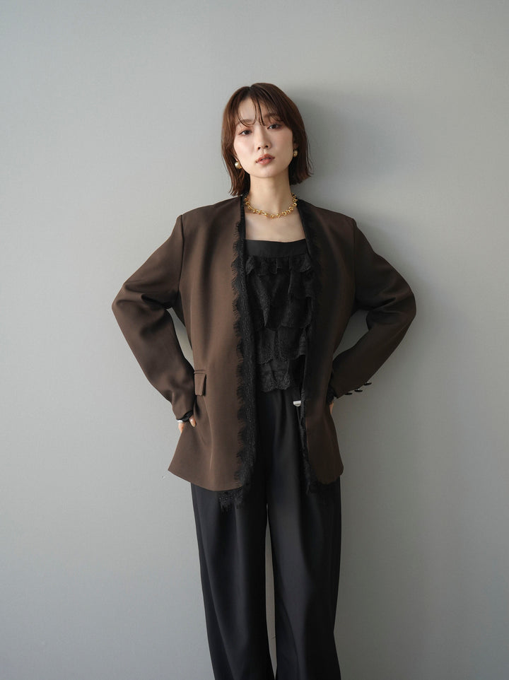 [SET]ノーカラーレースジャケット+スカラップレースフリルキャミソール(2set)