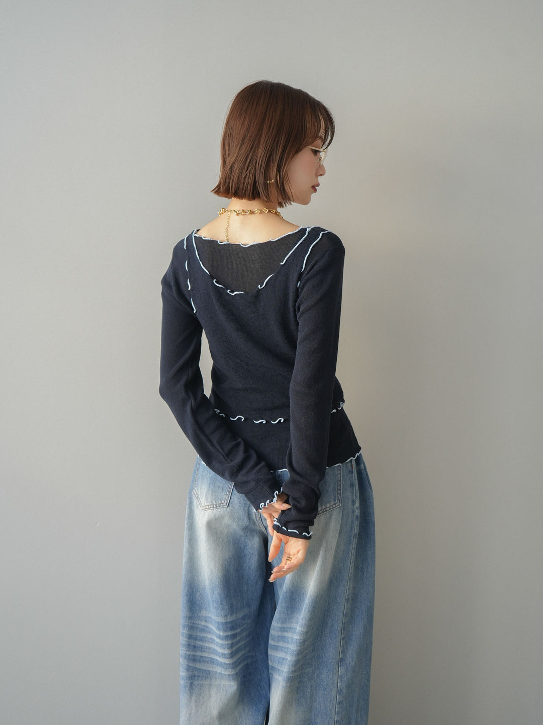 [SET]バイカラーメローアンサンブルシアーニットトップス+フロントポケットサイドタックワイドデニム(2set)